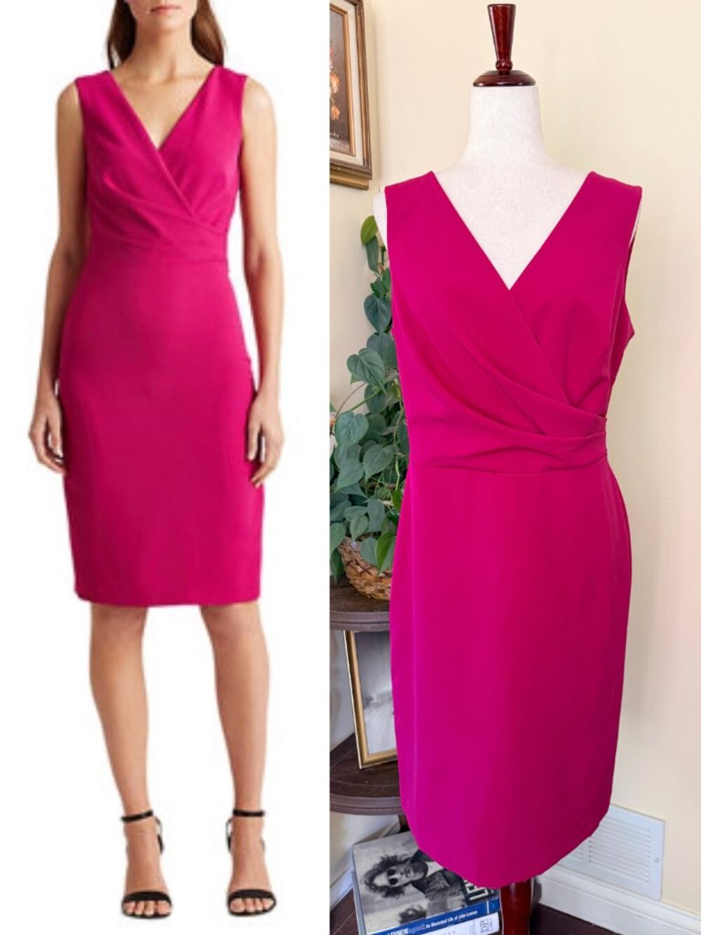 Lauren Ralph Lauren Fuchsia Pink Crepe Surplice Dress sz 12